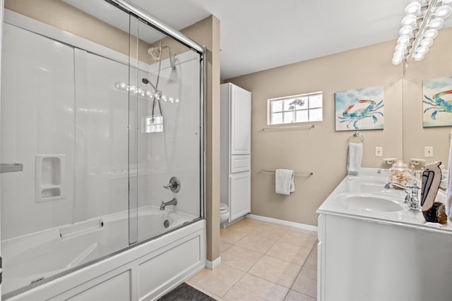 full bathroom featuring tile patterned flooring, vanity, enclosed tub / shower combo, and toilet