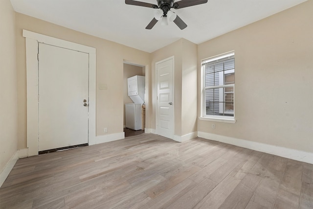 unfurnished bedroom with light hardwood / wood-style flooring and ceiling fan