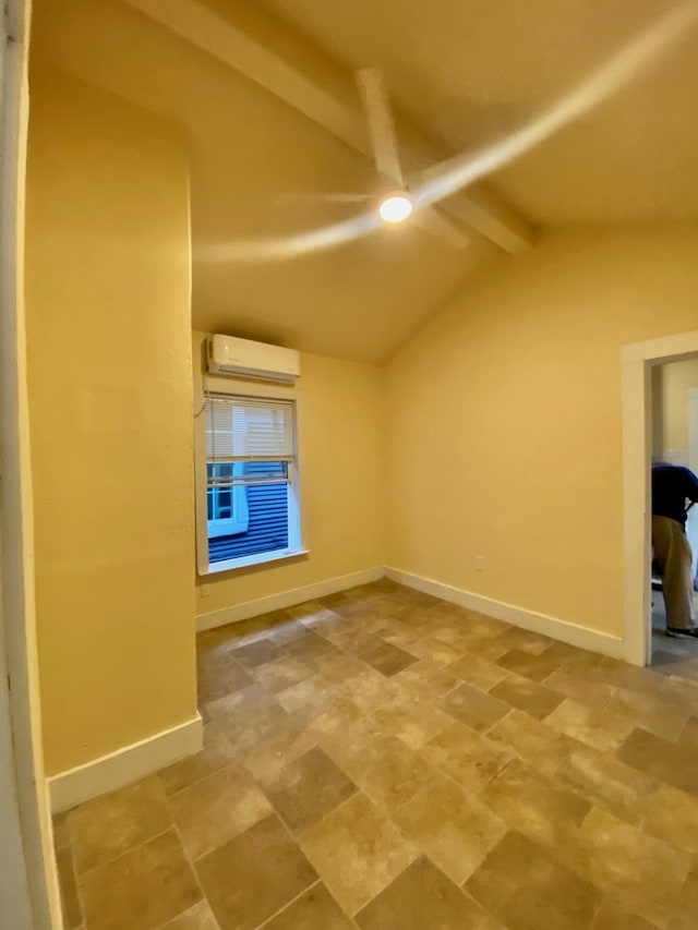 bonus room with tile patterned flooring, a wall mounted AC, lofted ceiling with beams, and ceiling fan