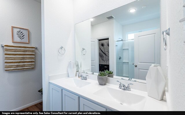 bathroom with hardwood / wood-style flooring and dual bowl vanity