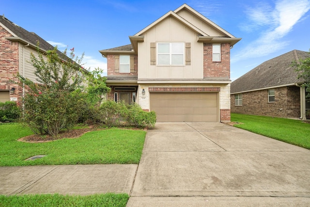 view of front of house featuring a garage and a front lawn