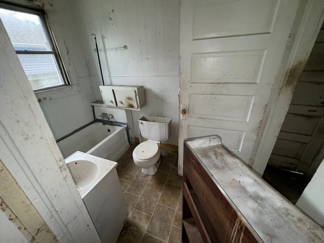 full bathroom with tile patterned flooring, shower / washtub combination, toilet, and vanity