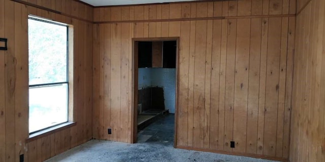 empty room featuring wood walls and plenty of natural light