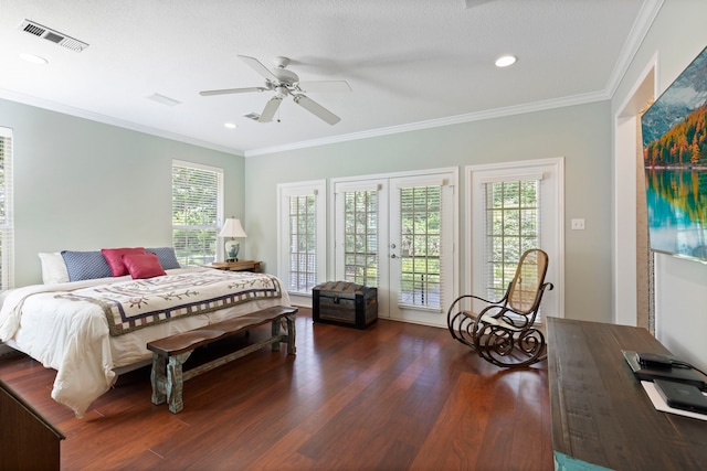 bedroom with ceiling fan, french doors, dark hardwood / wood-style floors, crown molding, and access to outside