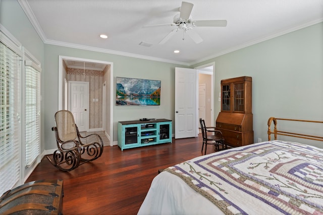 bedroom with ceiling fan, dark hardwood / wood-style floors, and ornamental molding