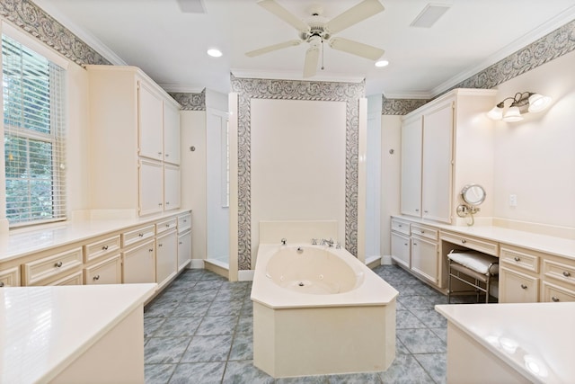 bathroom with vanity, independent shower and bath, ceiling fan, and crown molding