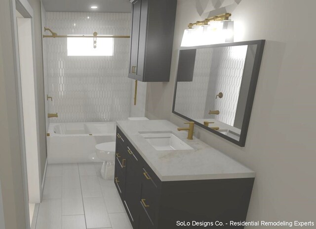 full bathroom with tile patterned flooring, vanity, toilet, and tiled shower / bath