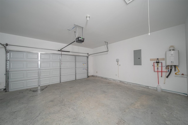 garage with water heater, a garage door opener, and electric panel