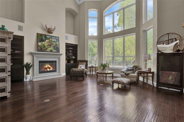 living area with a towering ceiling and dark hardwood / wood-style floors