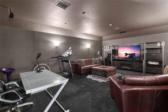 home theater room with dark colored carpet