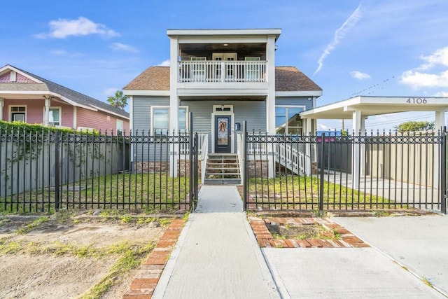 4106 Winnie St, Galveston, TX 77550 - view of front of home with a balcony, a gate, roof with shingles, a porch, and a fenced front yard