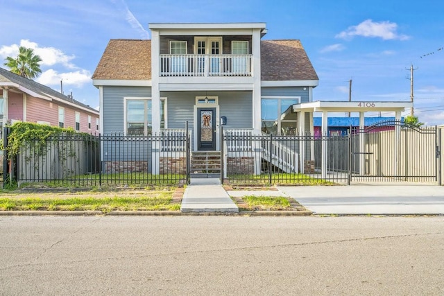 4106 Winnie St, Galveston, TX 77550 - view of front of home featuring a fenced front yard, a balcony, roof with shingles, and a gate