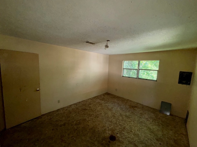 carpeted empty room with a textured ceiling