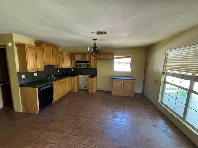 kitchen with dishwasher, dark wood-type flooring, a notable chandelier, backsplash, and decorative light fixtures