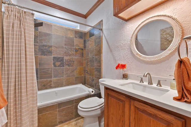 full bathroom featuring ornamental molding, toilet, shower / tub combo with curtain, and vanity