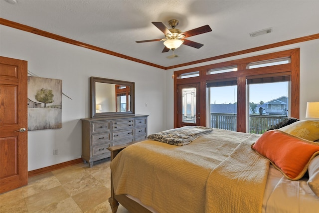 bedroom with access to exterior, crown molding, and ceiling fan