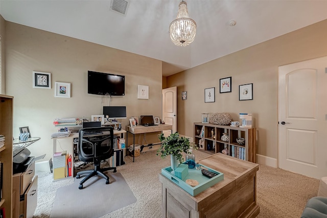 carpeted office featuring a notable chandelier