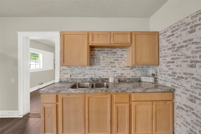 kitchen with light brown cabinetry, sink, dark wood-type flooring, and a textured ceiling