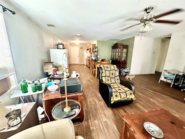 living room with ceiling fan and wood-type flooring