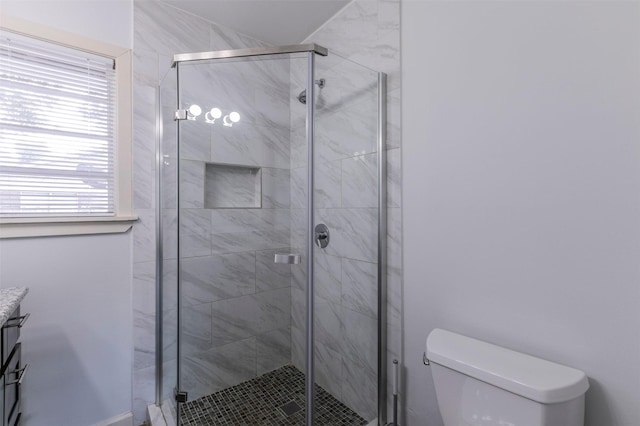 bathroom with vanity, toilet, a shower with door, and plenty of natural light