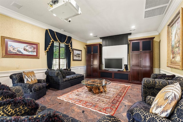 living room featuring ornamental molding