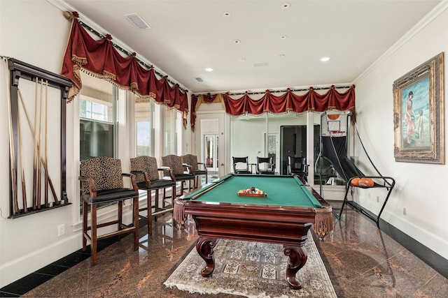 playroom featuring crown molding and pool table