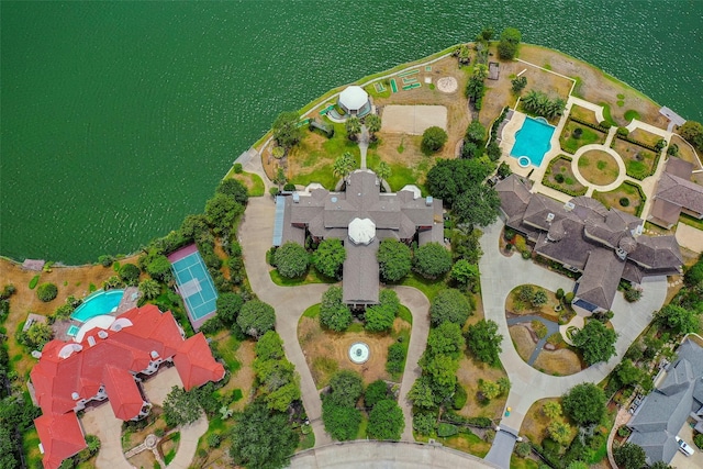 birds eye view of property featuring a water view