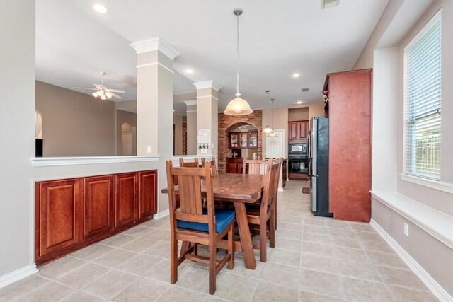 dining room with visible vents, recessed lighting, baseboards, ceiling fan, and ornate columns