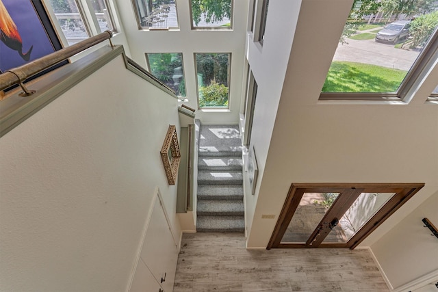 staircase featuring hardwood / wood-style flooring, a towering ceiling, and a wealth of natural light