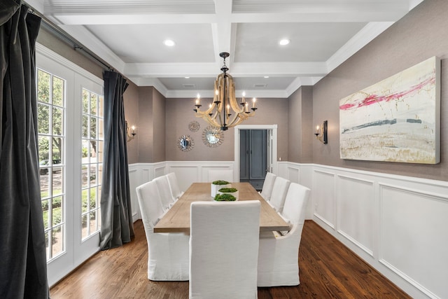 dining space with beam ceiling, dark hardwood / wood-style floors, an inviting chandelier, and coffered ceiling