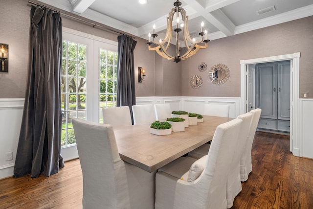 dining room featuring beamed ceiling, an inviting chandelier, a wealth of natural light, and coffered ceiling