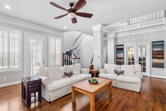 living room featuring ceiling fan, crown molding, hardwood / wood-style floors, and french doors