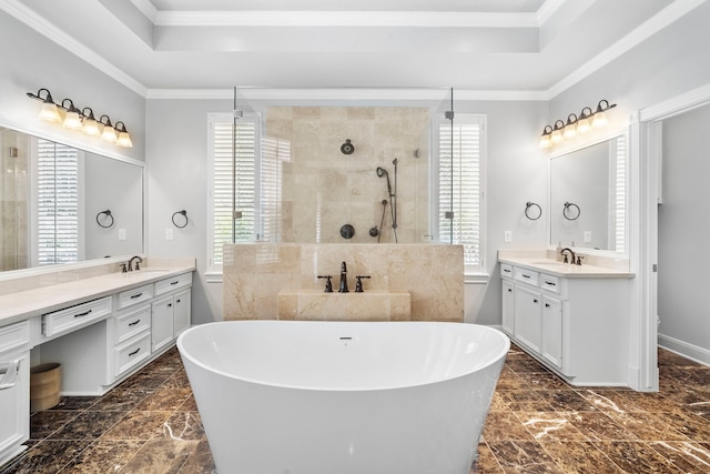 bathroom featuring a raised ceiling, vanity, and ornamental molding