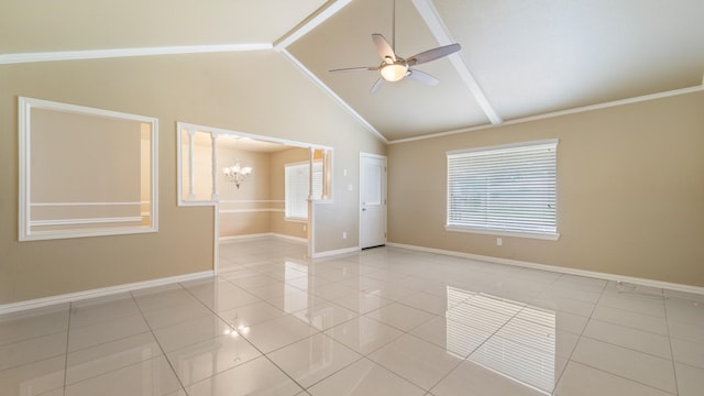 2715 Toyah Ave, Houston, TX 77039 - empty room with vaulted ceiling, a wealth of natural light, light tile patterned floors, and ceiling fan with notable chandelier