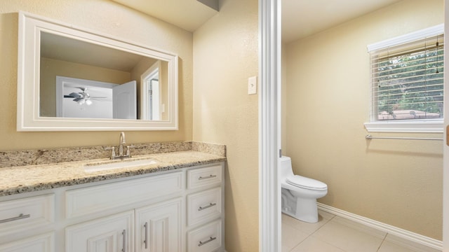 2715 Toyah Ave, Houston, TX 77039 - bathroom featuring ceiling fan, vanity, toilet, tile patterned floors, and baseboards