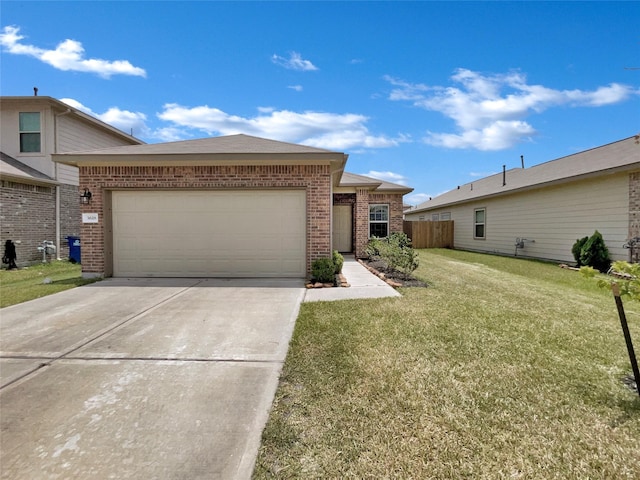 single story home featuring a front lawn and a garage