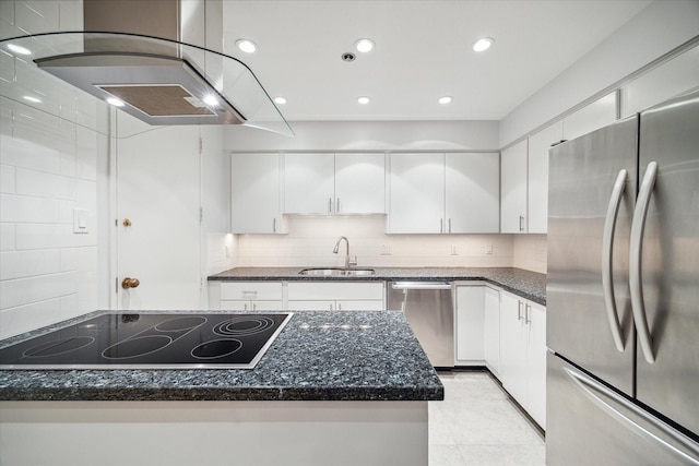 kitchen with stainless steel appliances, decorative backsplash, sink, white cabinets, and light tile patterned flooring