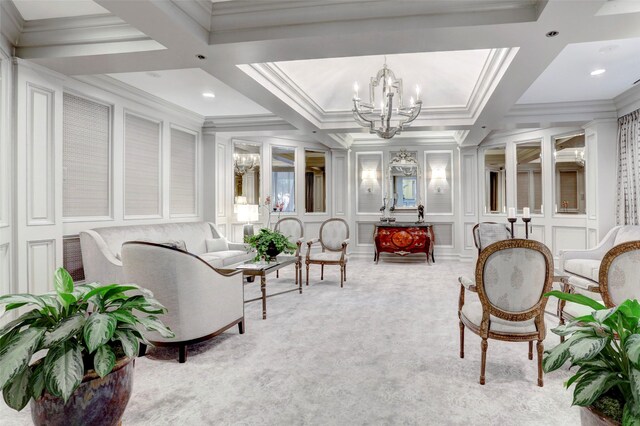 sunroom / solarium with an inviting chandelier and coffered ceiling