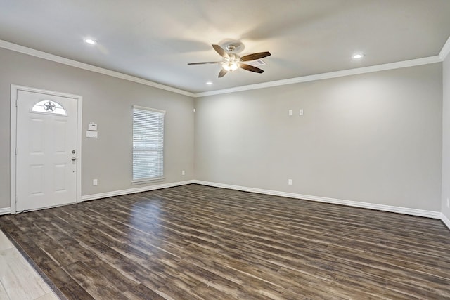 entryway featuring crown molding, ceiling fan, and dark hardwood / wood-style flooring