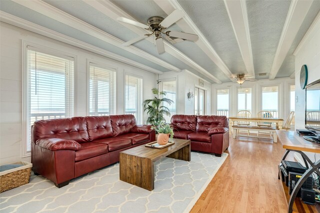 living room featuring light wood-type flooring, ceiling fan, a healthy amount of sunlight, and beam ceiling