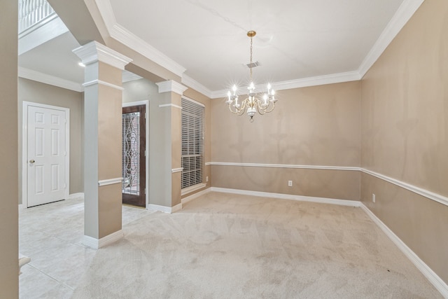 unfurnished room featuring light colored carpet, a notable chandelier, crown molding, and decorative columns