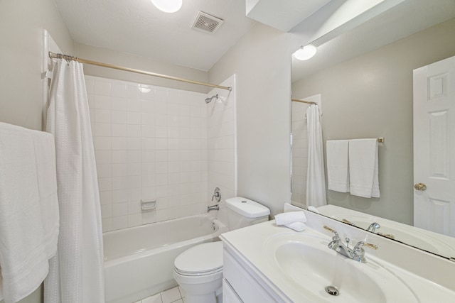 full bathroom featuring a textured ceiling, shower / bathtub combination with curtain, tile patterned floors, vanity, and toilet