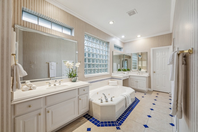 bathroom featuring crown molding, vanity, and a relaxing tiled tub