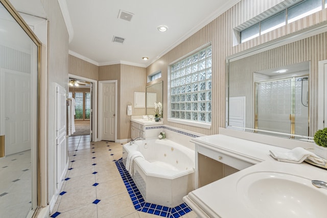 bathroom with crown molding, vanity, and separate shower and tub