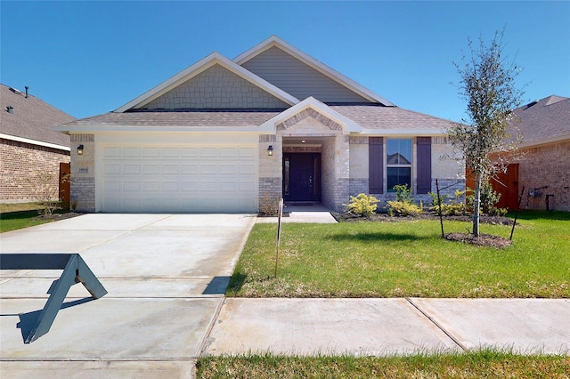19910 Paros Island Dr, Hockley, TX 77447 - view of front of home featuring brick siding, a shingled roof, concrete driveway, a front yard, and an attached garage