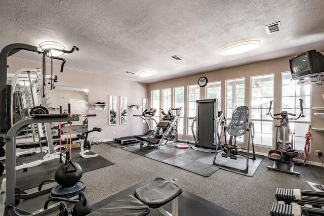 workout area with carpet floors and a textured ceiling