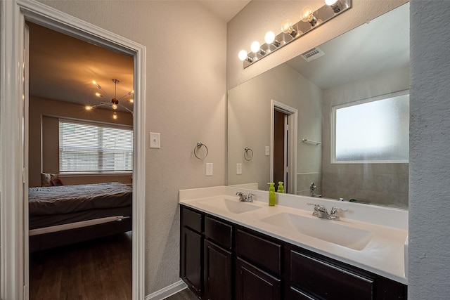 bathroom with hardwood / wood-style floors and vanity