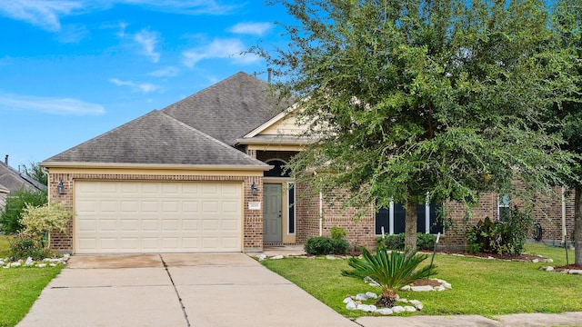 view of front of property with a garage and a front lawn