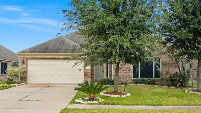 obstructed view of property featuring a garage and a front lawn