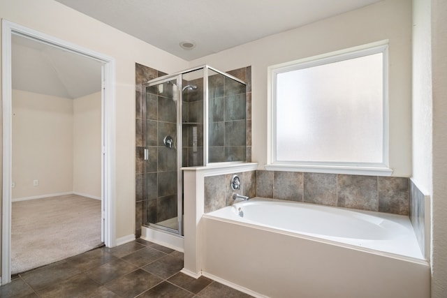 bathroom with plus walk in shower and tile patterned floors